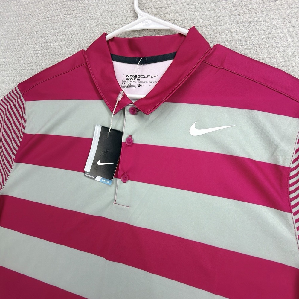 NWT Nike Golf Dri-FIT Polo Shirt Mens XL Sport Fuchsia White Striped 833069-607